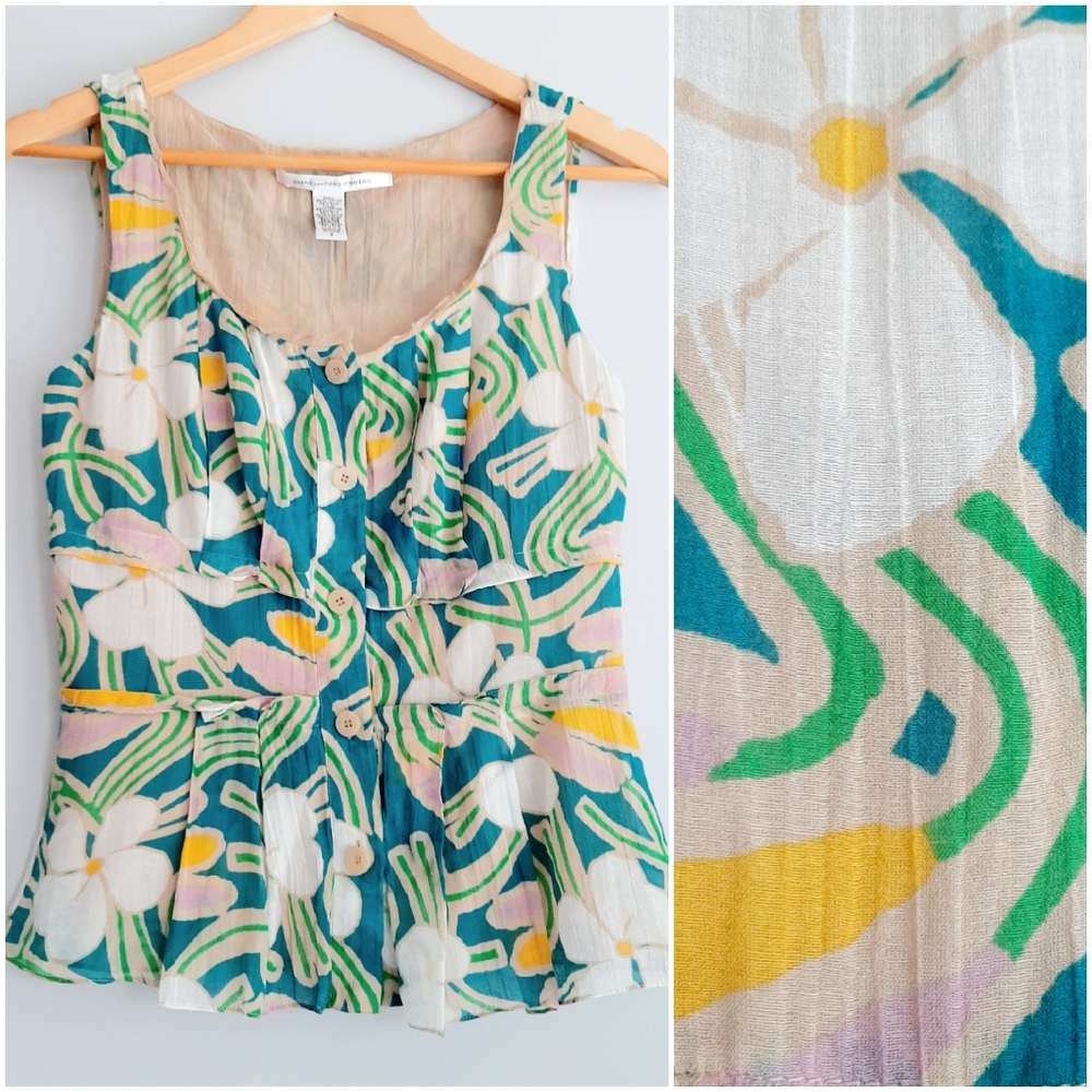 🍒 DVF Mirelle Silk blend Native River Floral Sleeveless Top Sz 2